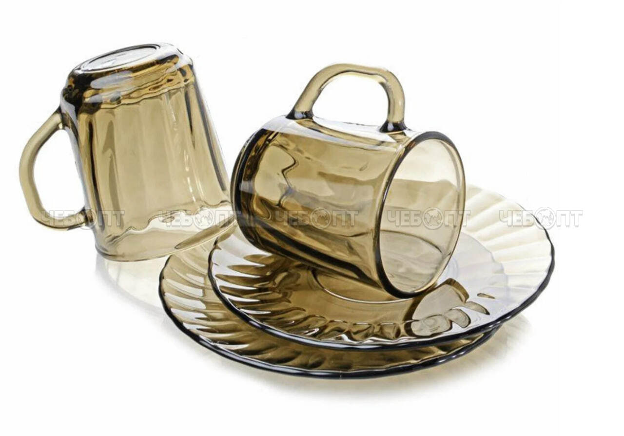 Сервиз чайный 12 предметов ELICA ДЫМКА (тарелка 17см - 6 шт, кружка 310 мл - 6 шт) закаленное стекло арт. 62099 [1]. ЧЕБОПТ.