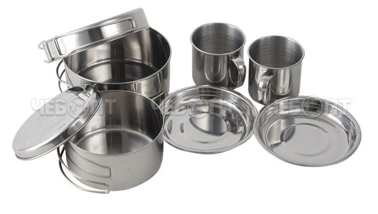Набор посуды для пикника CAMP-S11 8 предметов НЕРЖАВЕЙКА (2 кастрюли, 2 тарелки, 2 кружки, сковорода, блюдо) арт. 106940 [16] СКП. ЧЕБОПТ.