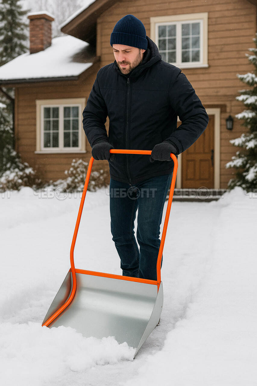 Скрепер для уборки снега оцинкованный СОМ "МАЛЫЙ" 0,5 мм с металлической накладкой 630*630 мм [1] ТОЛКАТЕЛЬ СЕРЫЙ СобПрМ. ЧЕБОПТ.