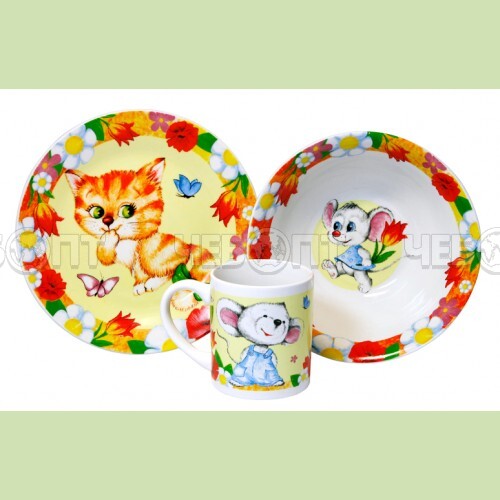 Набор детской посуды 3 предмета КОШКИ-МЫШКИ (тарелка 19 см, миска 18 см, кружка 240 мл в подароч упаковке) арт. MFK04017 [4] МФК. ЧЕБОПТ.