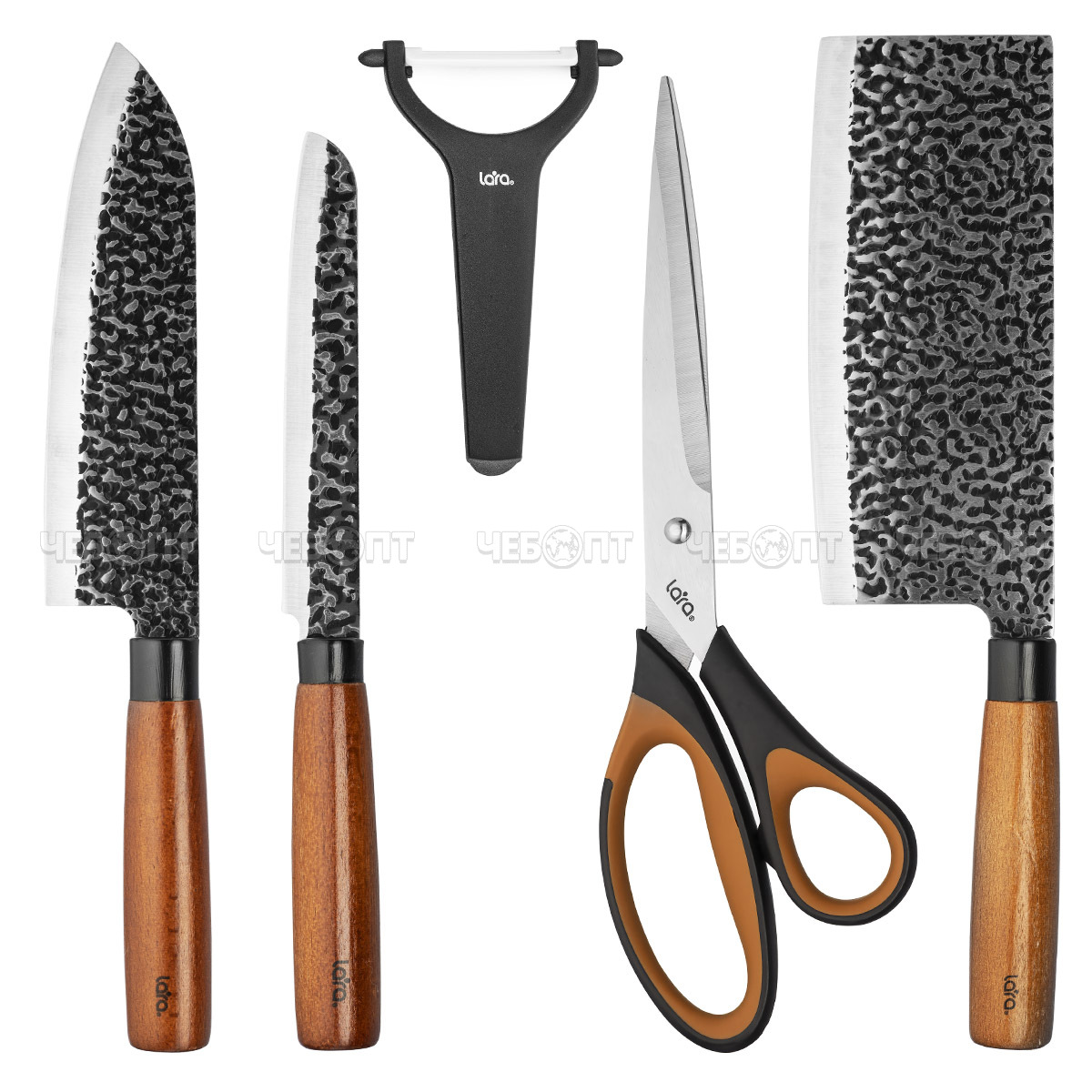 Набор кухонных ножей 5 предмета LARA (топорик, нож сантоку, нож универсальный, овощечистка, ножнцы) LR05-11 [12]. ЧЕБОПТ.