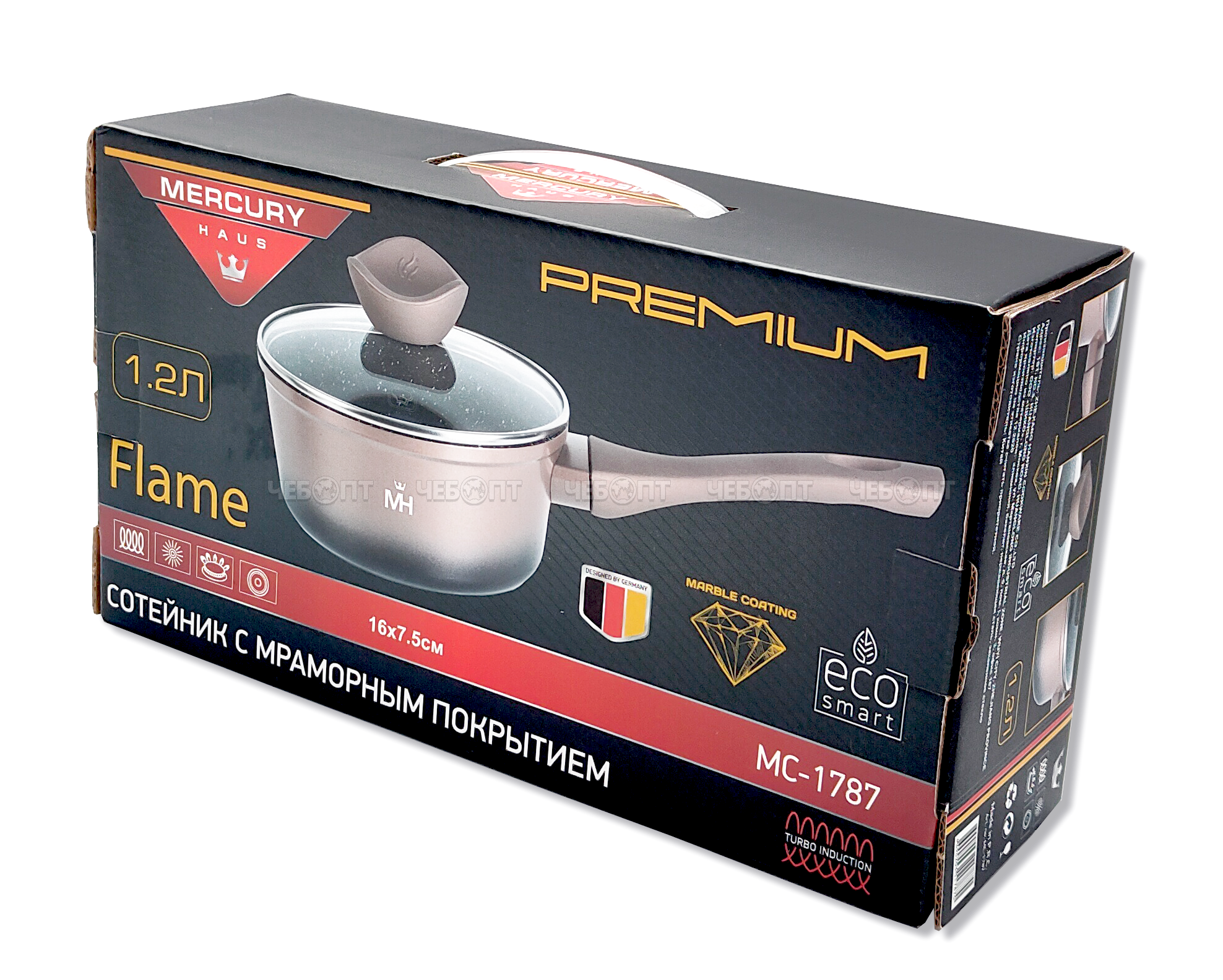 Cотейник антипригарный 1,2 л MERCURYHAUS алюминиевый, со стеклянной крышкой, 16*7,5 см арт. MC-1787 Flame [6] ШИКО. ЧЕБОПТ.