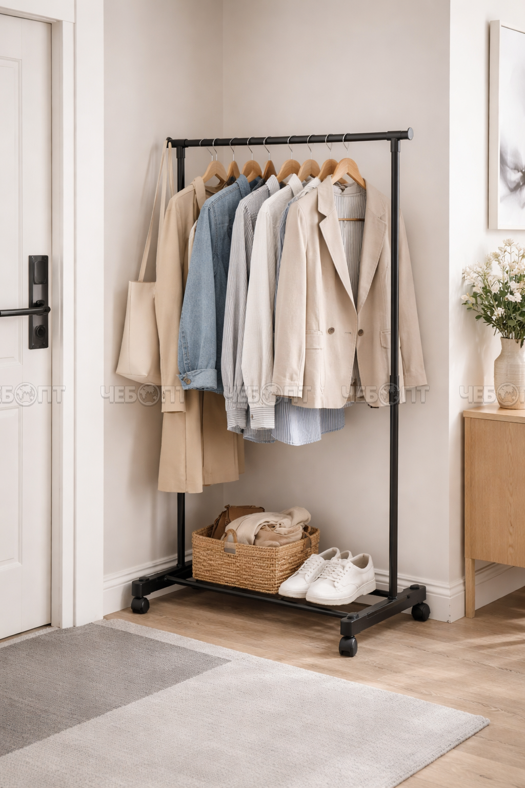 Вешалка напольная металлическая для одежды на колесиках, 1 перекладина 620*275*1290 мм, нагрузка до 10 кг арт. 200073 $ [12] GOODSEE. ЧЕБОПТ.