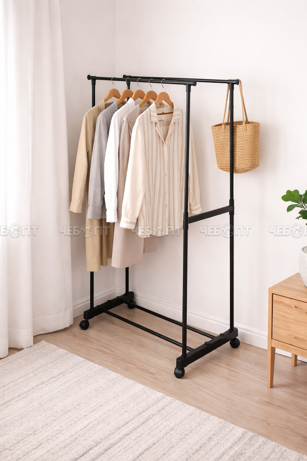 Вешалка напольная металлическая для одежды на колесиках, 2 перекладины 620*300*1290 мм, нагрузка до 15 кг арт. 200074 $$ [12] GOODSEE. ЧЕБОПТ.