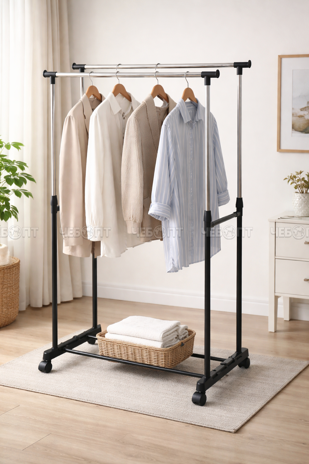 Вешалка напольная металлическая для одежды на колесиках, 2 перекладины 750*420*850-1500 мм, нагрузка до 15 кг арт. 6806 $$ [12] GOODSEE. ЧЕБОПТ.