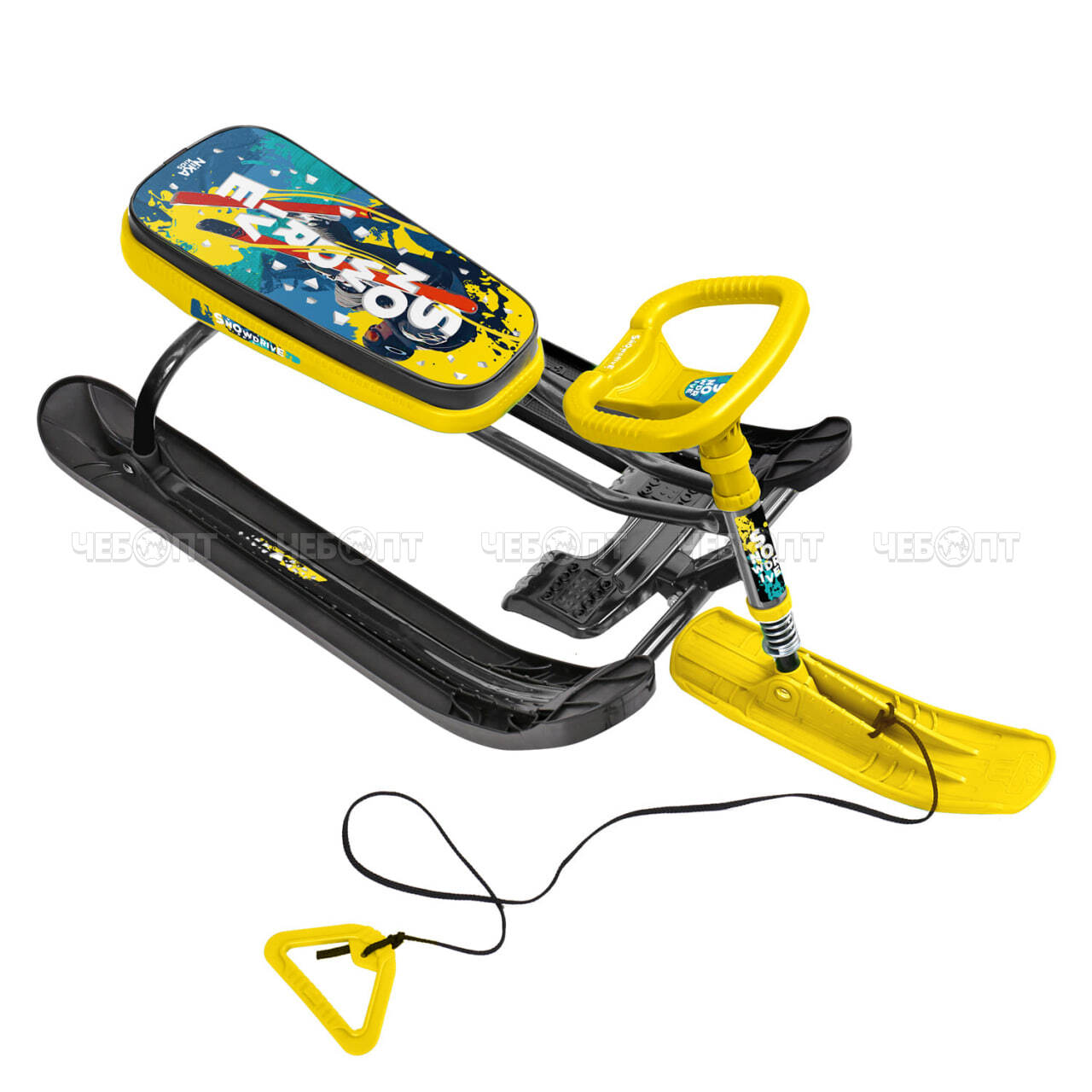 Снегокат детский "Тимка спорт 2+" "winter sport"  ЧЕРНЫЙ КАРКАС буксировочный трос, тормоз, грузопод. 100 кг, сиденье h-290 мм арт. ТС2+/WS NIKA [1]. ЧЕБОПТ.