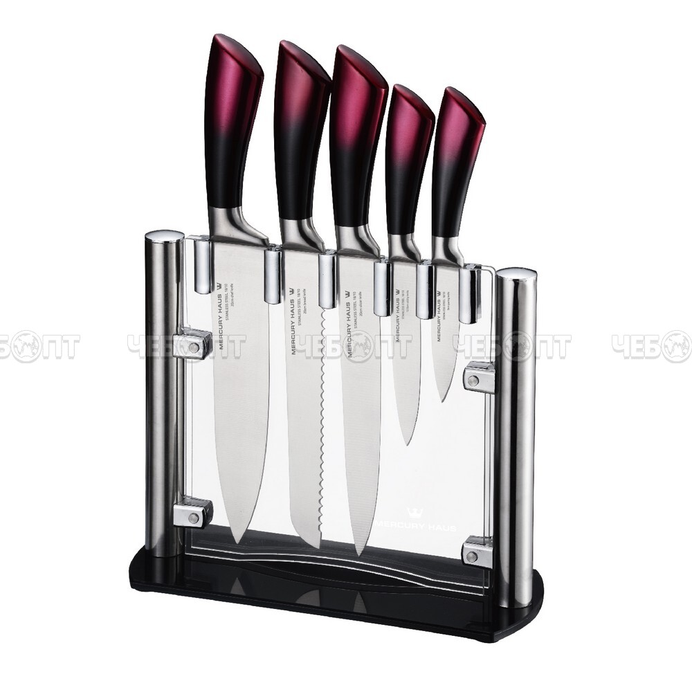 Набор кухонных ножей 6 предметов MERCURYHAUS (нож поварской,нож для хлеба,нож для чистки,нож для нарезки, нож универ-ый, подставка ) MC-7184 [6] ШИКО. ЧЕБОПТ.