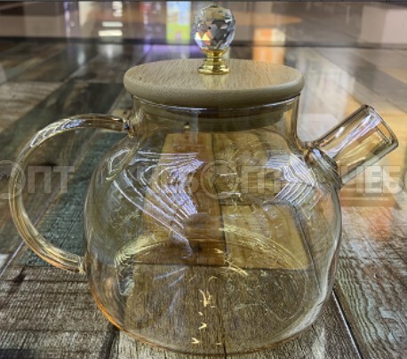 Чайник заварочный стеклянный (жаропрочное стекло) 1000 мл GOLDEN ситечко-спираль, бамбуковая крышка, ручка хрусталик арт. KD-4, 260090 $ [36] GOODSEE. ЧЕБОПТ.