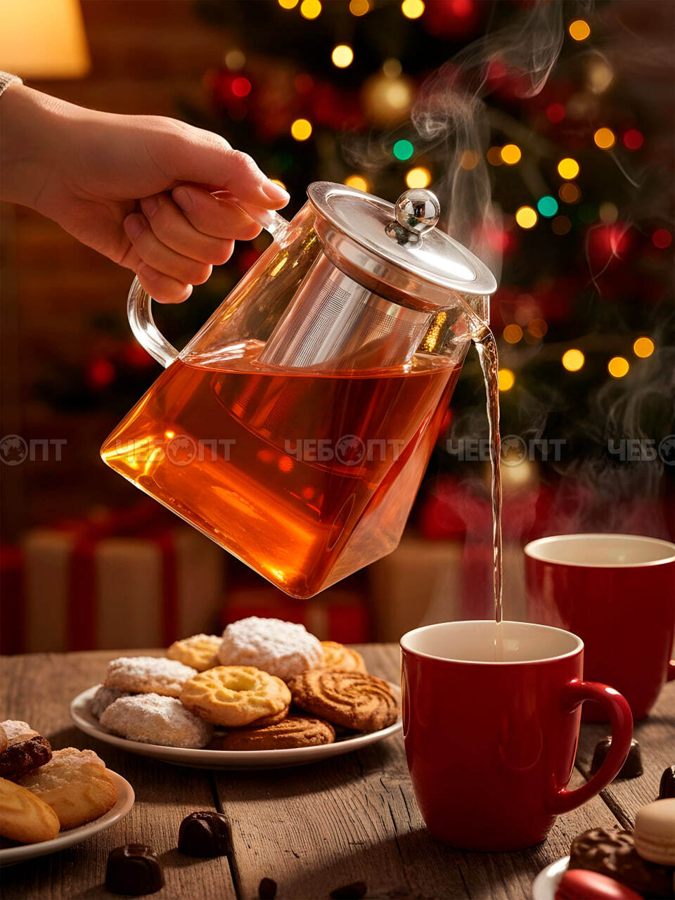 Чайник заварочный стеклянный (жаропрочное стекло) 950 мл КВАДРАТНЫЙ с металлическим ситечком, металлической крышкой арт. 260145 $$ [60] GOODSEE. ЧЕБОПТ.