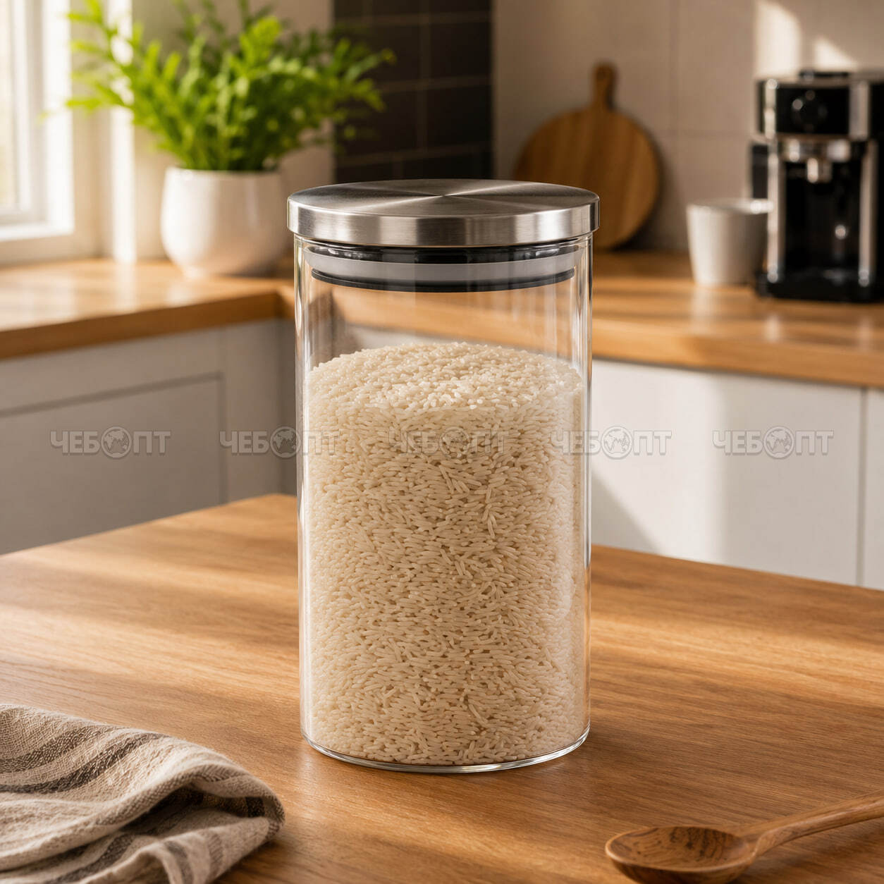 Банка для сыпучих продуктов 1200 мл КРУГЛАЯ стеклянная, с металлической крышкой арт. 260185 $$ [50] GOODSEE. ЧЕБОПТ.