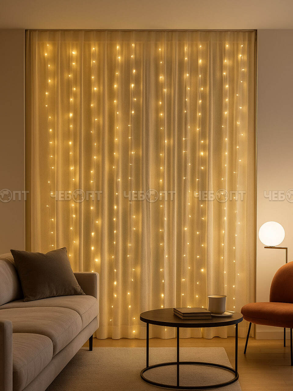 Гирлянда новогодняя светодиодная ДОЖДЬ/ШТОРЫ 2*2 м, 10 нитей, свечение - теплый белый/золото, 8 режимов мигания арт. 300346 $ [100] GOODSEE. ЧЕБОПТ.