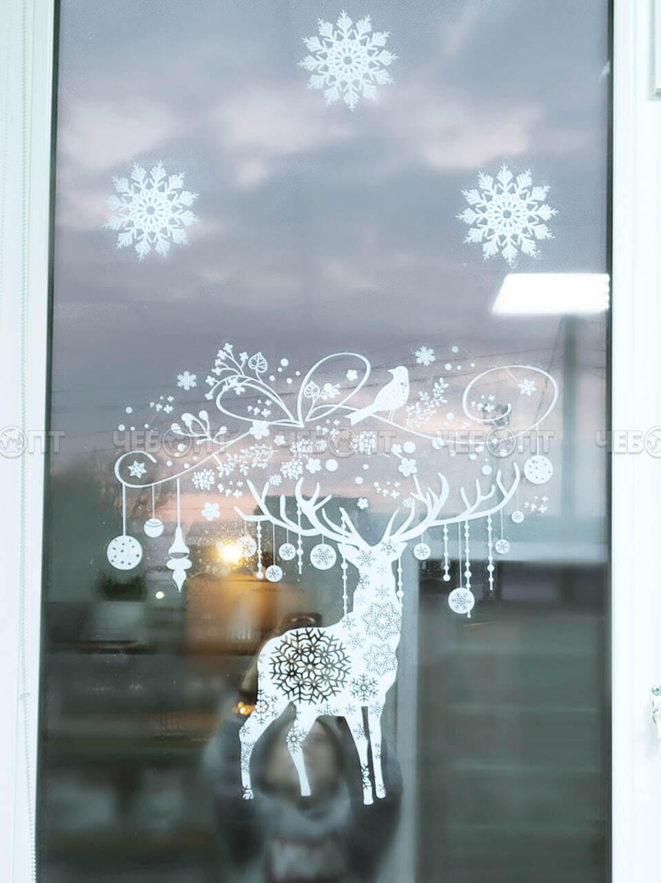 Наклейки новогодние на стекло ОЛЕНЬ / ДЕДУШКА МОРОЗ 54*72 см арт. 300614 $ [150] GOODSEE. ЧЕБОПТ.