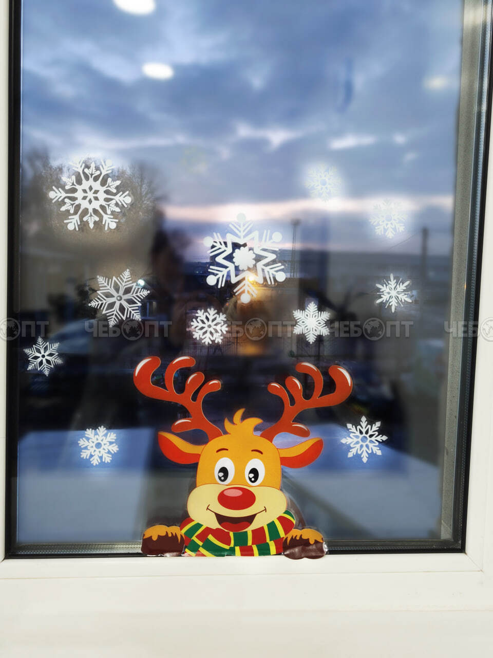 Наклейки новогодние на стекло ДЕД МОРОЗ и ОЛЕНЬ 60*45 см арт. 300618 $ [240] GOODSEE. ЧЕБОПТ.