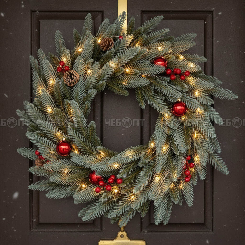 Венок новогодний хвойный d - 40 см, 48 ЛИТЫХ веток, с шишками и ягодками арт. GSH0502 $ [20] GOODSEE. ЧЕБОПТ.
