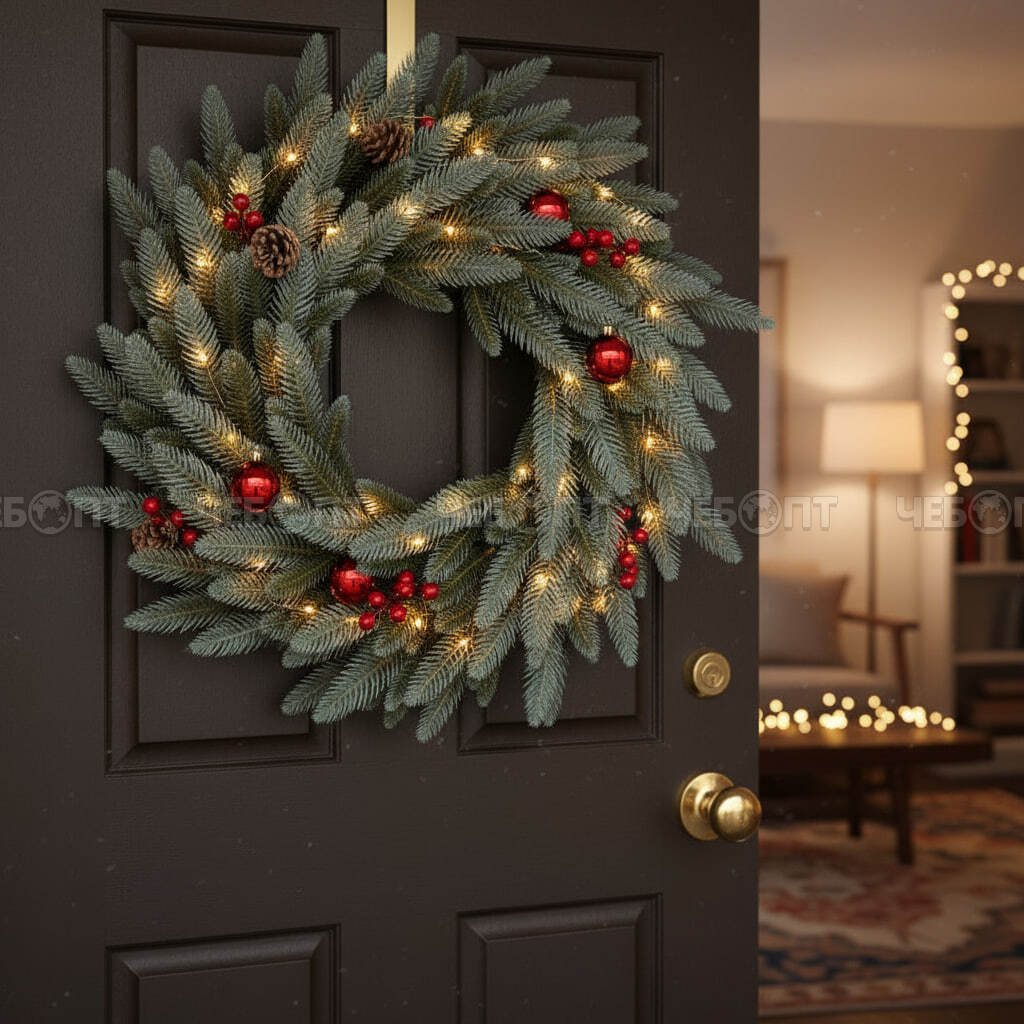 Венок новогодний хвойный d - 40 см, 48 ЛИТЫХ веток, с шишками и ягодками арт. GSH0502 $ [20] GOODSEE. ЧЕБОПТ.