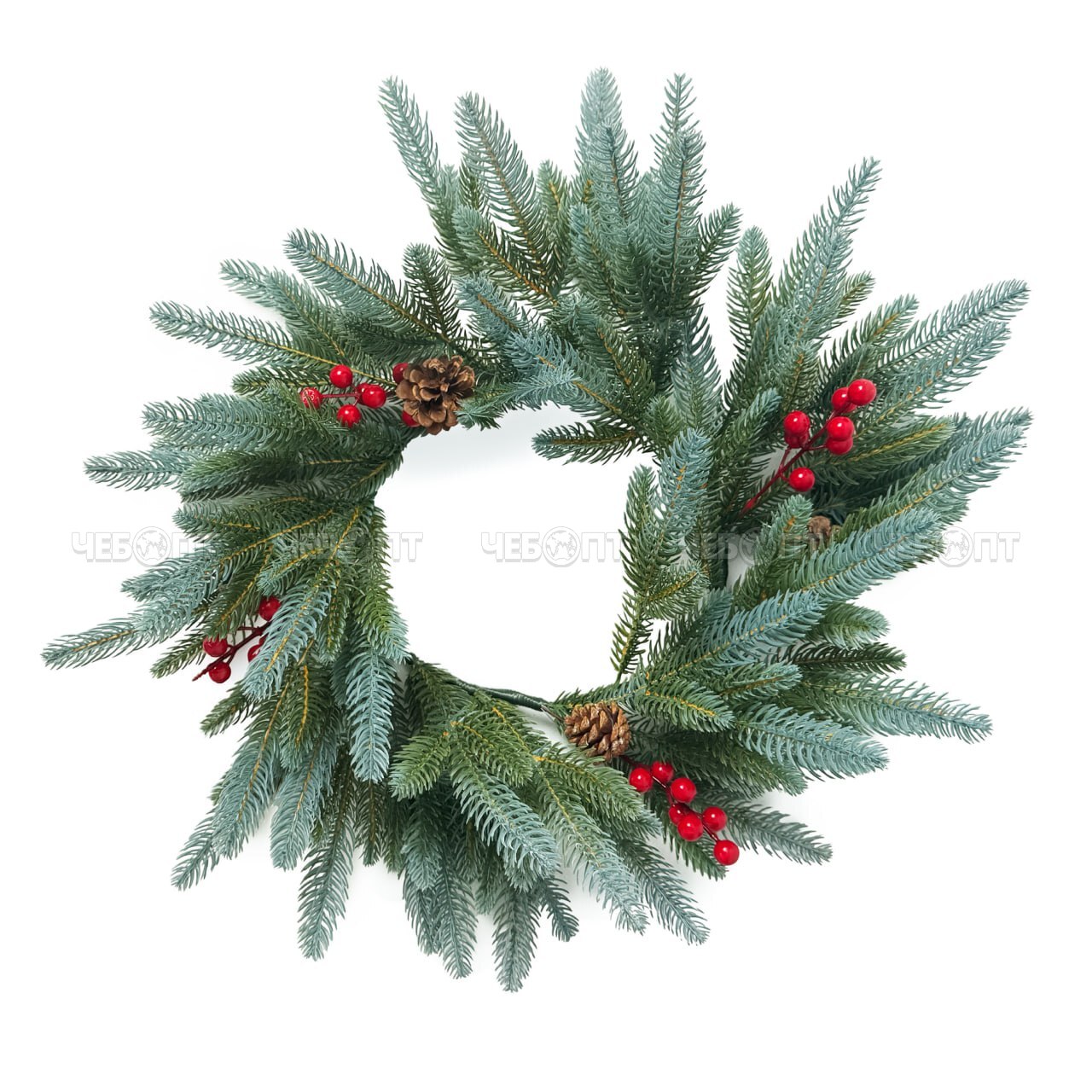 Венок новогодний хвойный d - 40 см, 48 ЛИТЫХ веток, с шишками и ягодками арт. GSH0502 $ [20] GOODSEE. ЧЕБОПТ.