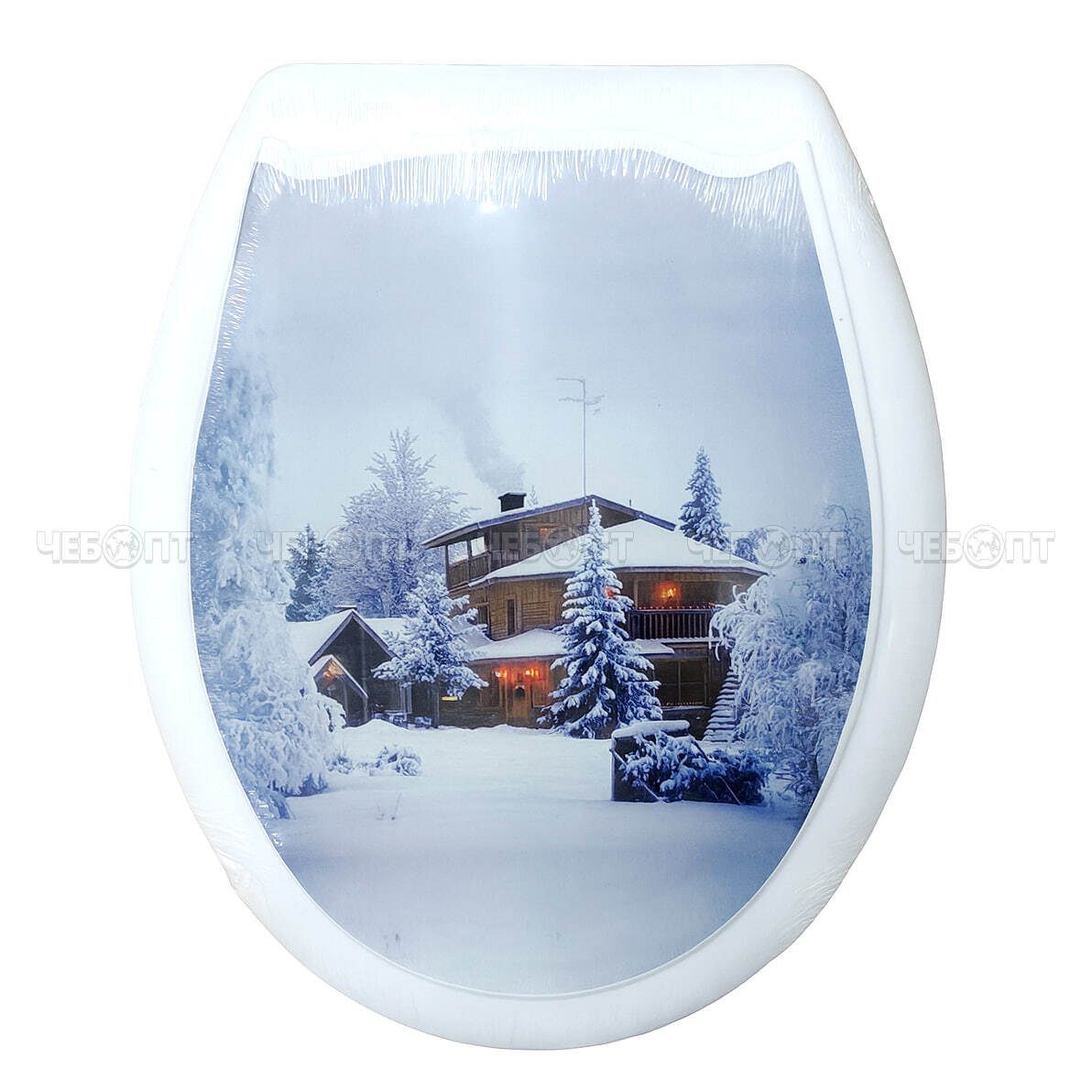 Сиденье для унитаза универсальное с крышкой пластиковое жесткое С РИСУНКОМ ЗИМА арт. 104-406-07 [10]. ЧЕБОПТ.
