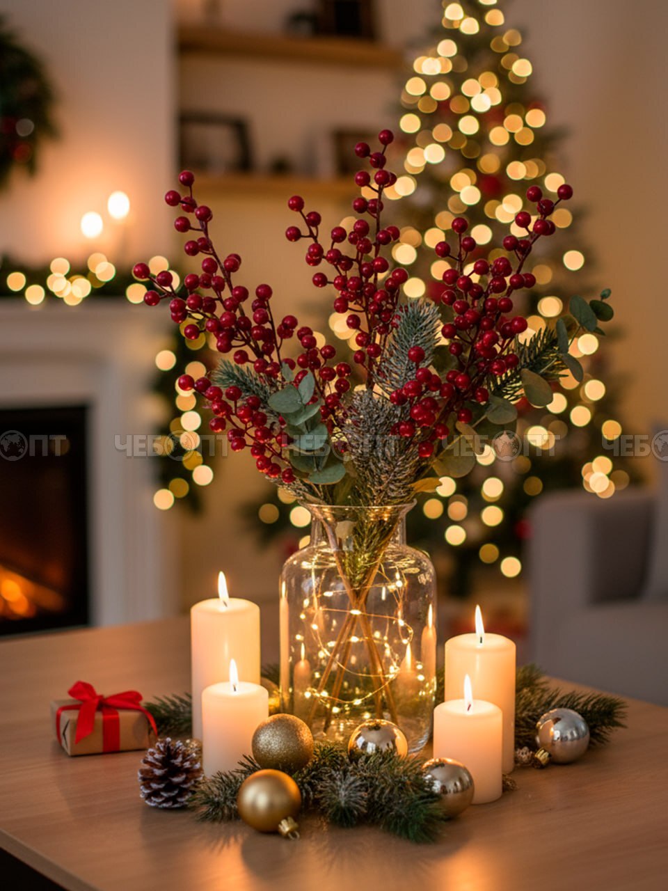 Ветка новогодняя декоративная ЯГОДНЫЙ МИКС, 6 веток, 60 см, цвет КРАСНЫЙ арт. 300682 $ [600] GOODSEE. ЧЕБОПТ.
