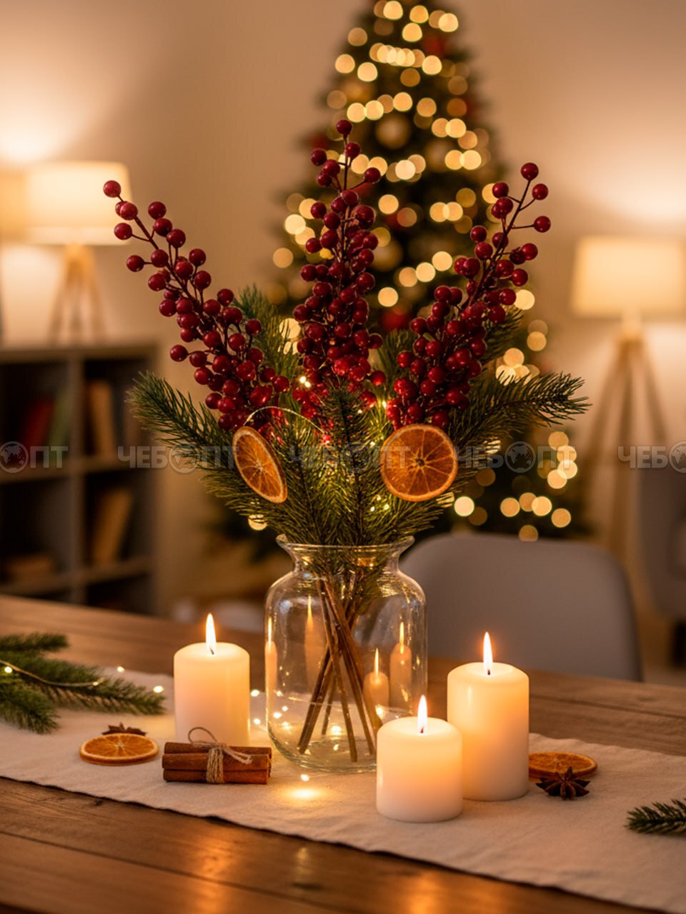 Ветка новогодняя декоративная ЯГОДНЫЙ МИКС, 8 веток, 64 см, цвет КРАСНЫЙ арт. 300683 $ [600] GOODSEE. ЧЕБОПТ.