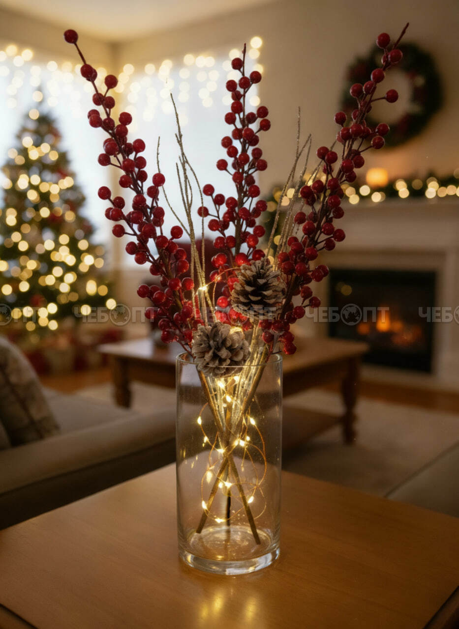 Ветка новогодняя декоративная ЯГОДНЫЙ МИКС, 10 веток, 70 см, цвет КРАСНЫЙ арт. 300684 $ [600] GOODSEE. ЧЕБОПТ.