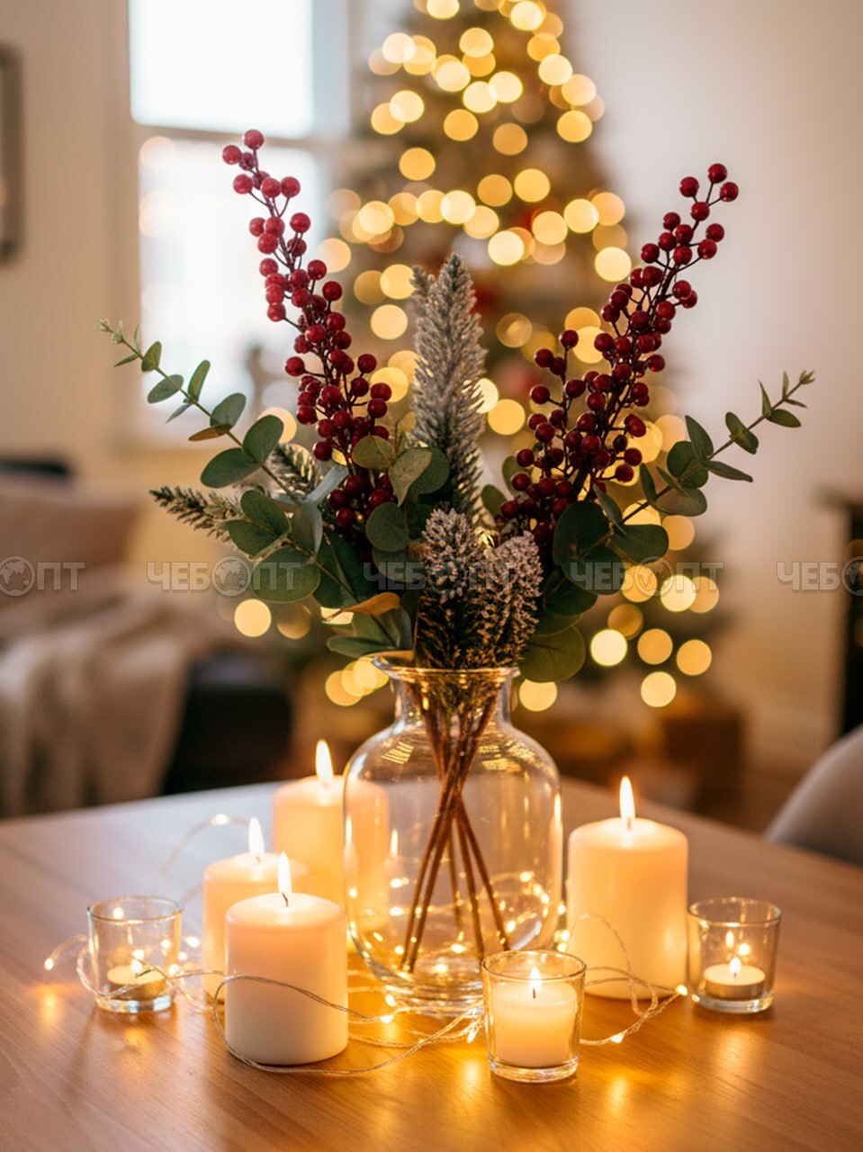 Ветка новогодняя декоративная ЯГОДНЫЙ МИКС, 10 веток, 70 см, цвет КРАСНЫЙ арт. 300684 $ [600] GOODSEE. ЧЕБОПТ.