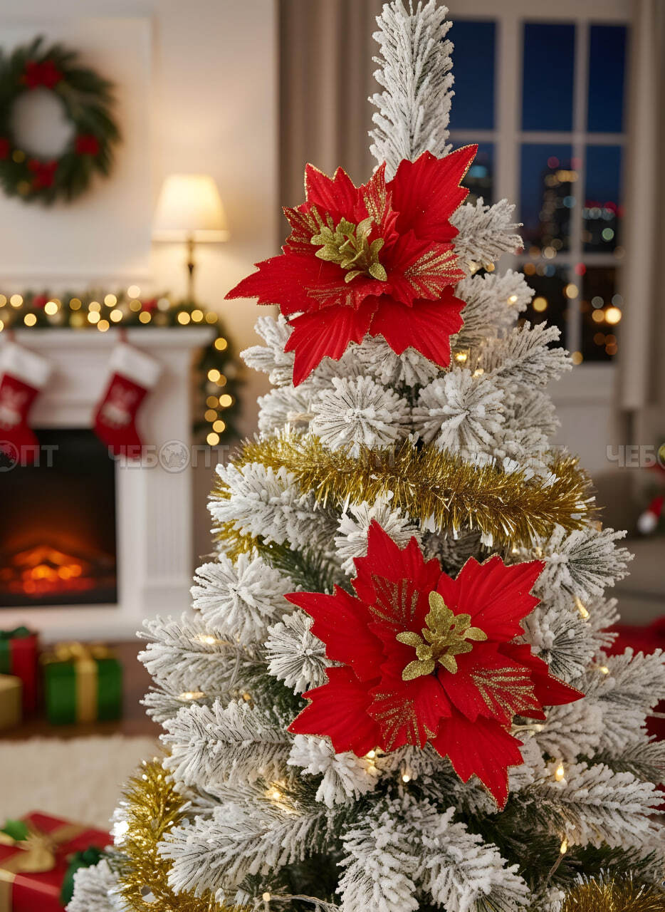 Украшение новогоднее декоративное ПУАНСЕТТИЯ - РОЖДЕСТВЕНСКИЙ ЦВЕТОК, 23 см, цвет красный арт. 300687 $ [120/1200] GOODSEE. ЧЕБОПТ.