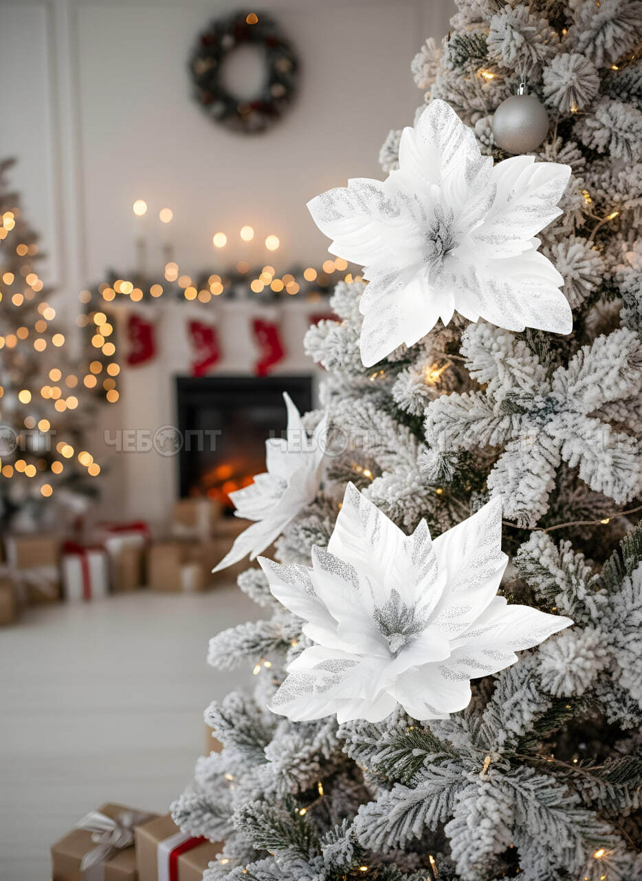 Украшение новогоднее декоративное ПУАНСЕТТИЯ - РОЖДЕСТВЕНСКИЙ ЦВЕТОК, 23 см, цвет белый арт. 300688 $ [120/1200] GOODSEE. ЧЕБОПТ.