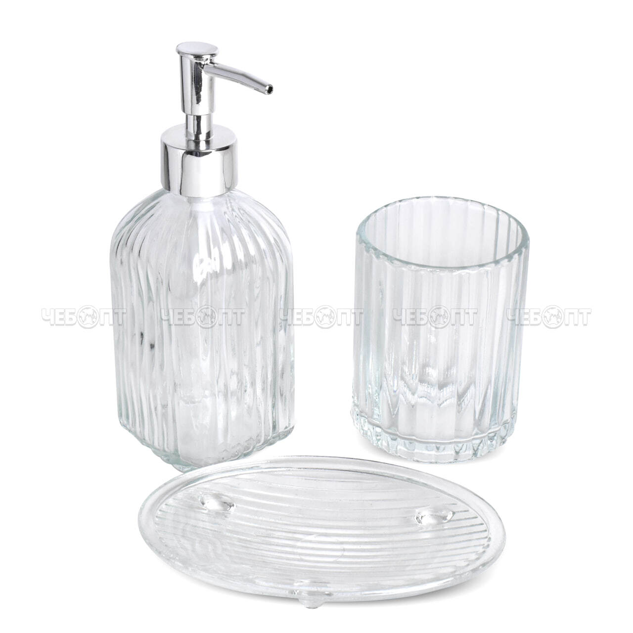 Набор для ванной комнаты 3 предмета (мыльница, дозатор, стаканчик) стеклянный, прозрачный, в индивидуальной упаковке арт. 300689 $ [16] GOODSEE. ЧЕБОПТ.