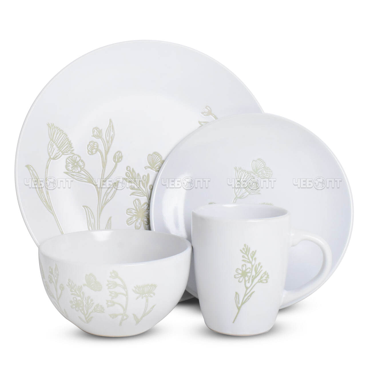 Сервиз столовый 16 предметов (4кружки 400мл, 4 глубоких тарелок 10,5", 4 тарелки десертные 8", 4 миски 6") керамика арт. 300703 $ [2] GOODSEE. ЧЕБОПТ.
