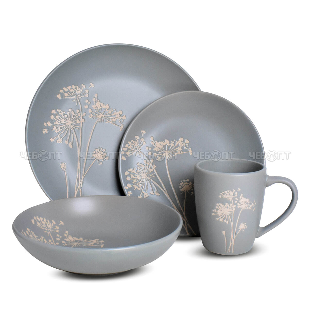 Сервиз столовый 16 предметов СЕРЫЙ (4кружки 400мл, 4 глубоких тарелок 10,5", 4 тарелки десертные 8", 4 миски 6") керамика арт. 300704 $ [2] GOODSEE. ЧЕБОПТ.