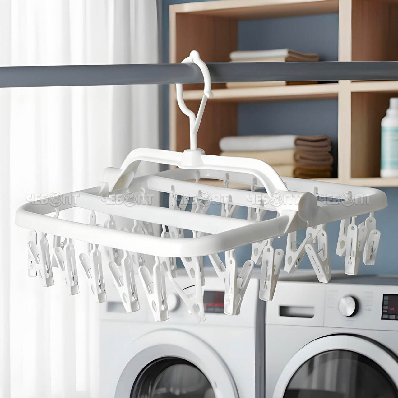 Сушилка с зажимами для белья и носков (32 прищепки) подвесная складная, вращающаяся, пластиковая, цвет БЕЛЫЙ арт. 300570-Б $ [40] GOODSEE. ЧЕБОПТ.