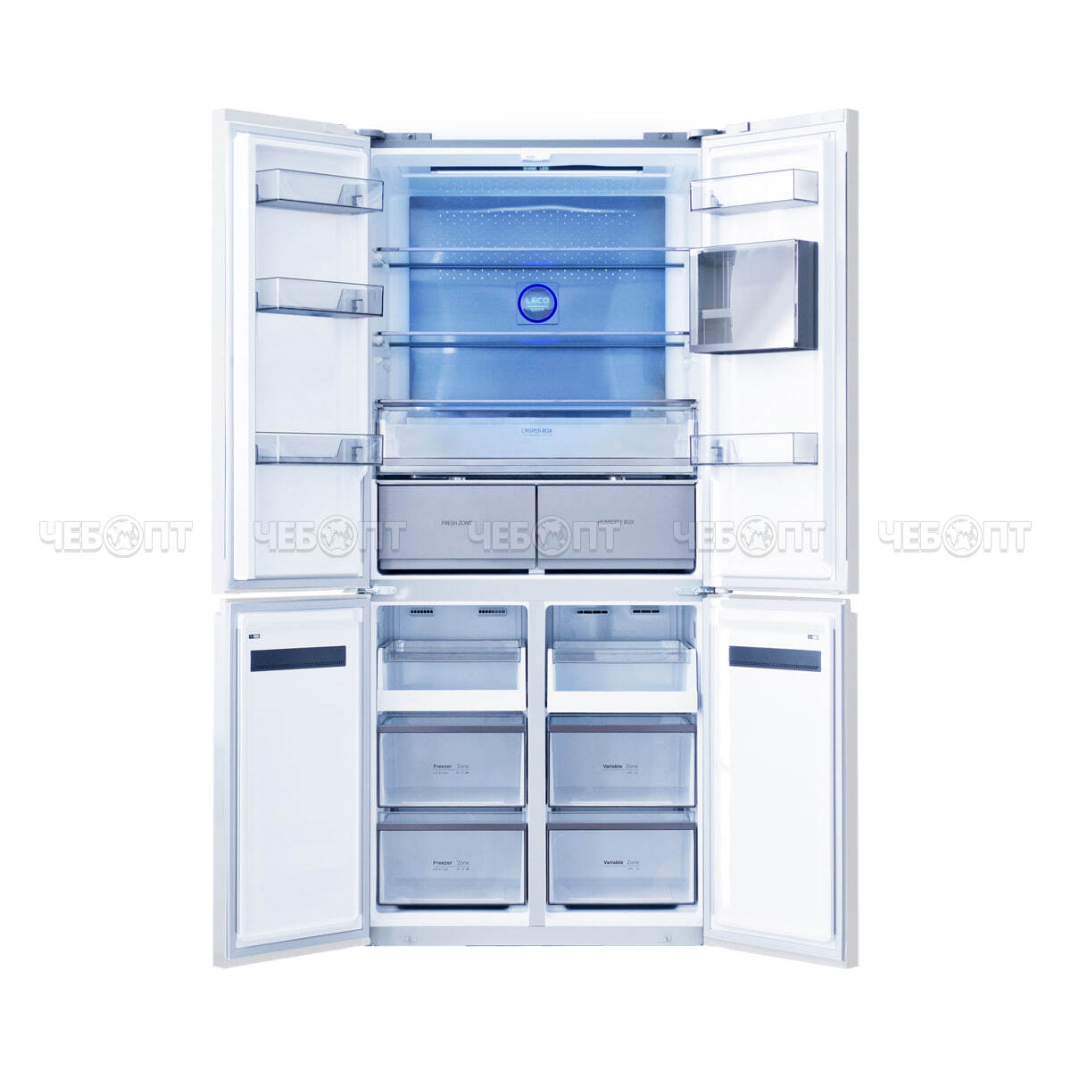 Холодильник CENTEK CT-1746 WHITE GLASS NF объем 600 л (212л, 388л) 833*668*1920 мм, 4 двери, класс А+, мощ. 170 Вт [1]. ЧЕБОПТ.