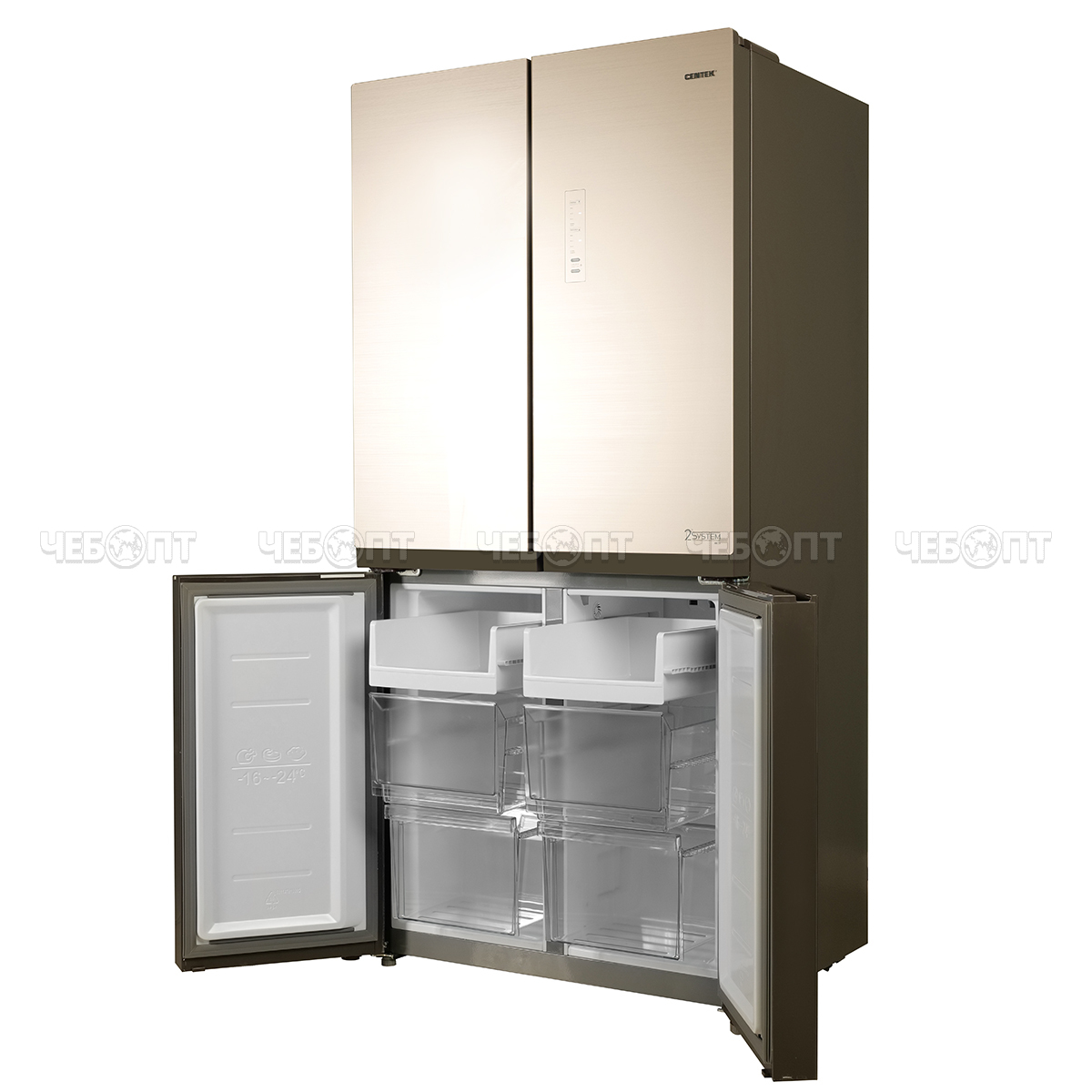 Холодильник CENTEK CT-1756 BEIGE CLASS INVERTER NF объем 442 л (153л, 289л) 833*655*1775 мм, 4 двери, класс А, мощ. 250 Вт [1]. ЧЕБОПТ.
