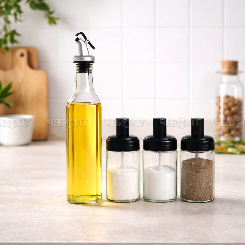 Набор для специй и масла 4 предмета: емкость 500 мл и 3 банки 250 мл с ложкой арт. 300714 [16] GOODSEE. ЧЕБОПТ.