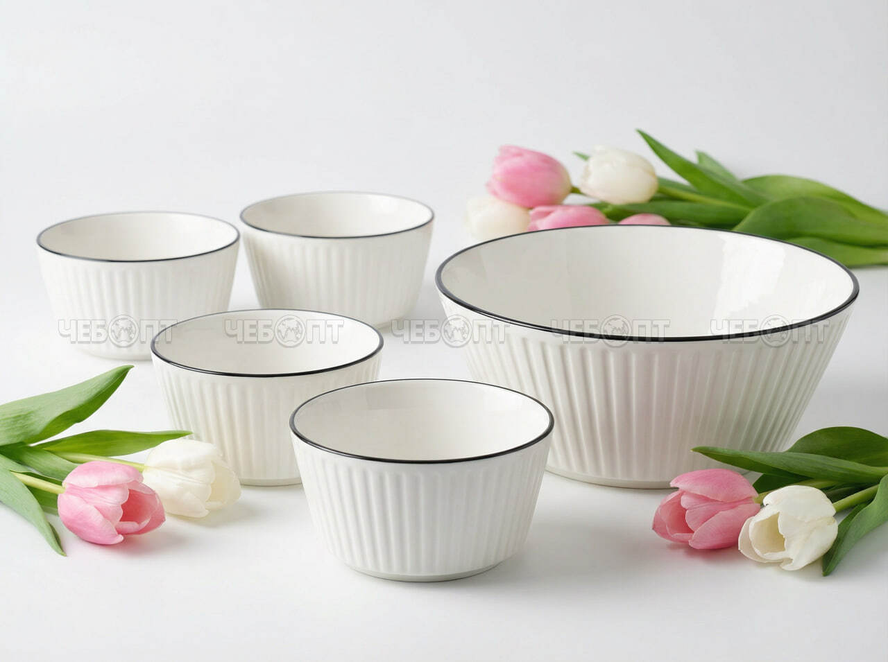 Набор салатников 5 предметов (300 мл - 4 шт, 1200 мл - 1 шт ), керамические, в индивидуальной коробке арт. 300057 $ [10] GOODSEE. ЧЕБОПТ.