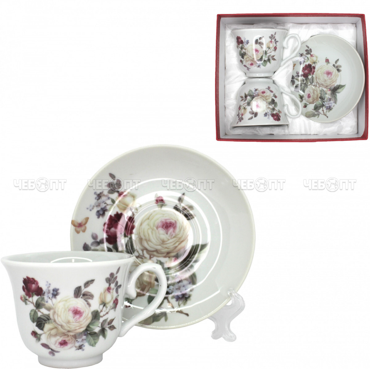 Сервиз чайный на 2 персоны 4 предмета  ПРАЗДНИЧНАЯ (2 чашки 220 мл, 2 блюдца 14 см) фарфор арт. KYTS-04G FA-2356 /К/ 1/12 [12]. ЧЕБОПТ.