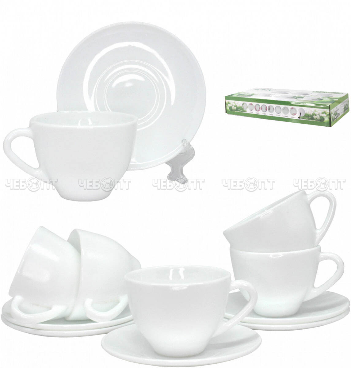 Сервиз чайный 12 предметов БЕЛЫЙ БАРС (6 чашек 220 мл, 6 блюдец 13,50 см) WHITE стеклокерамика арт. GB220/GD55-6A [8]. ЧЕБОПТ.