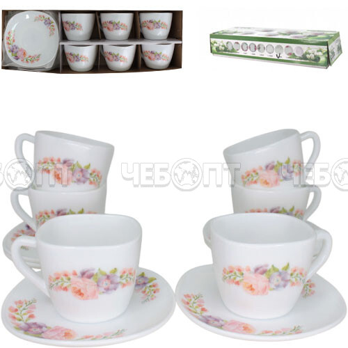Сервиз чайный 12 предметов ВЕСЕННЕЕ НАСТРОЕНИЕ БАРС (6 чашек 250 мл, 6 блюдец 13,50 см) стеклокерамика арт. 7253 [12]. ЧЕБОПТ.