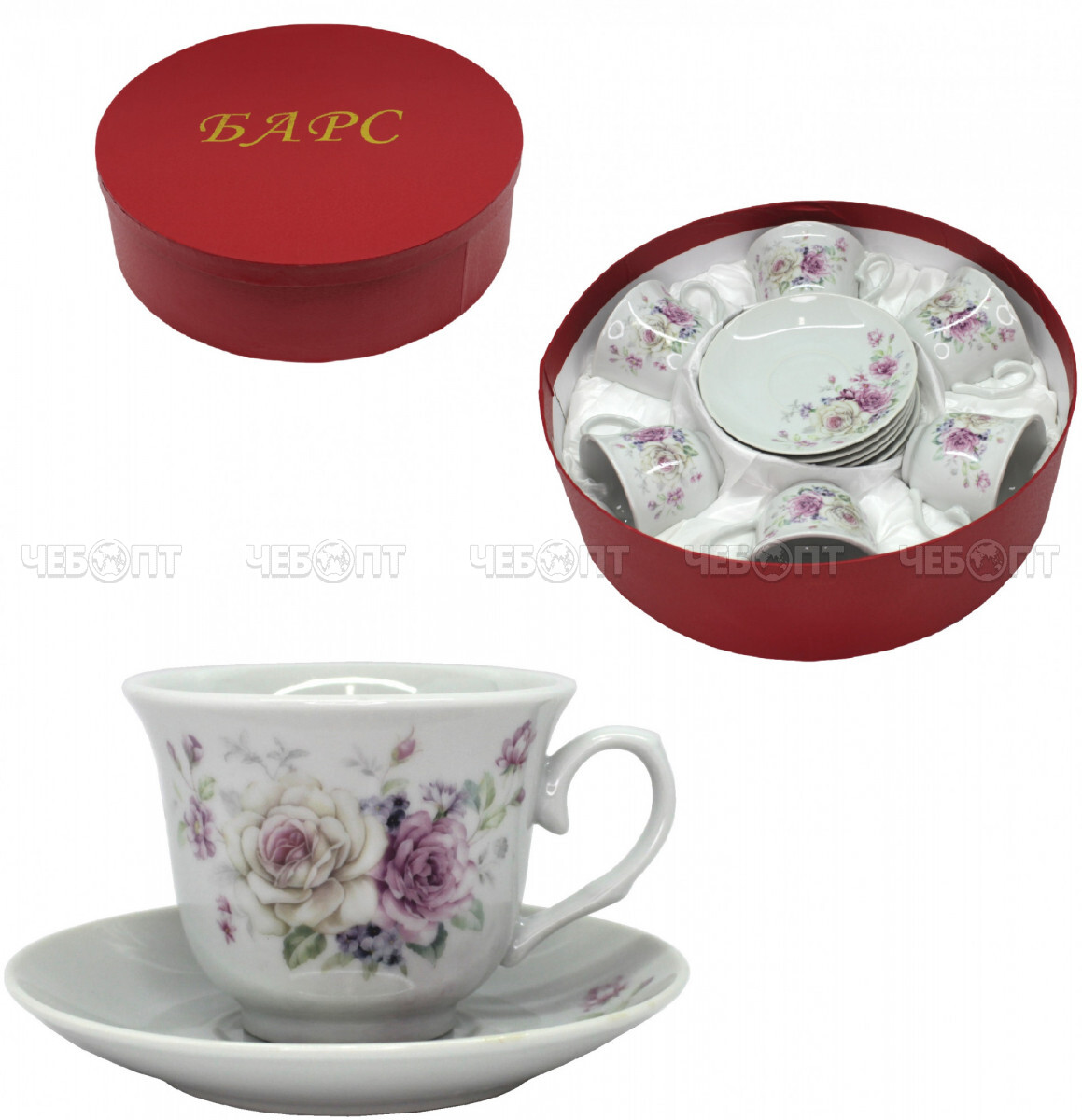 Сервиз чайный на 6 персон 12 предметов УТРЕННИЙ БУКЕТ (6 чашек 225 мл, 6 блюдец 14 см) в круг. коробке, фарфор арт. KYTS-12G FA-2357/K/1/8 [8]. ЧЕБОПТ.