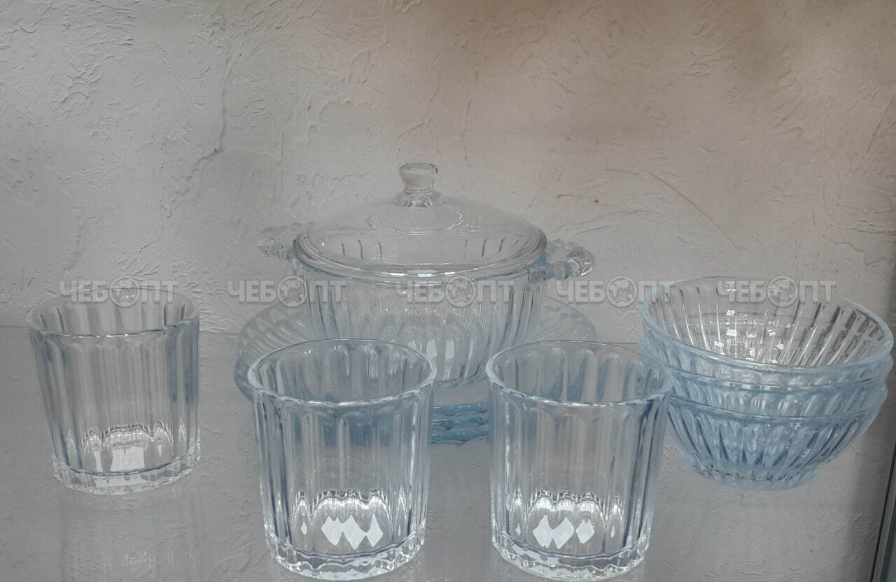Сервиз столовый 10 предметов (стакан 320 мл - 3 шт, салатник 385 мл - 3 шт, тарелка 23,5 см-3 шт, кастрюля 1080 мл) стекло арт. DMTZ-10 [4]. ЧЕБОПТ.
