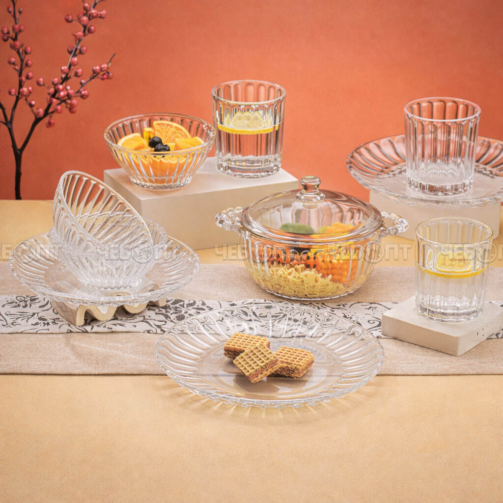 Сервиз столовый 10 предметов (стакан 320 мл - 3 шт, салатник 385 мл - 3 шт, тарелка 23,5 см-3 шт, кастрюля 1080 мл) стекло арт. DMTZ-10 [4]. ЧЕБОПТ.