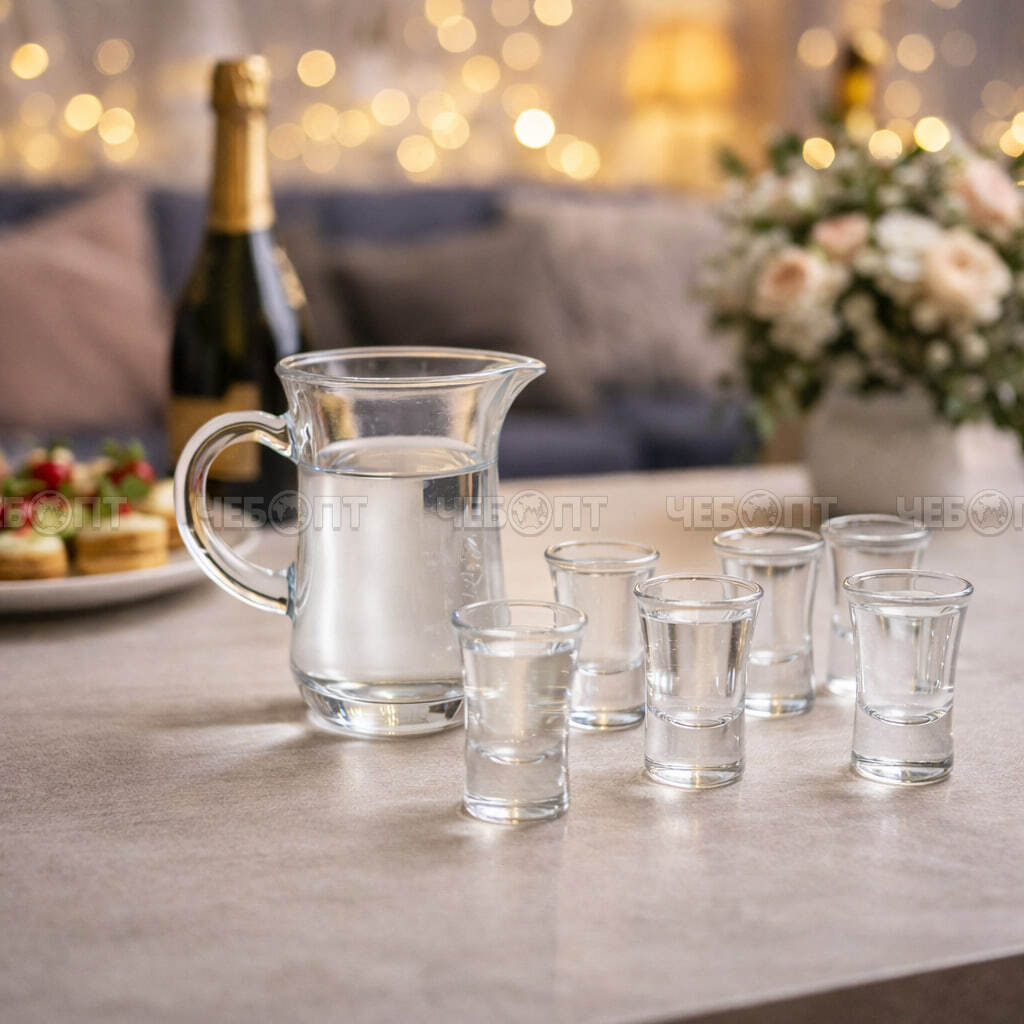 Набор графин - штоф 130 мл, 6 стопок 15 мл, стекло в подарочной упаковке арт. LXJ400-1+LXY1510 [24] АС-ДЕКОР. ЧЕБОПТ.