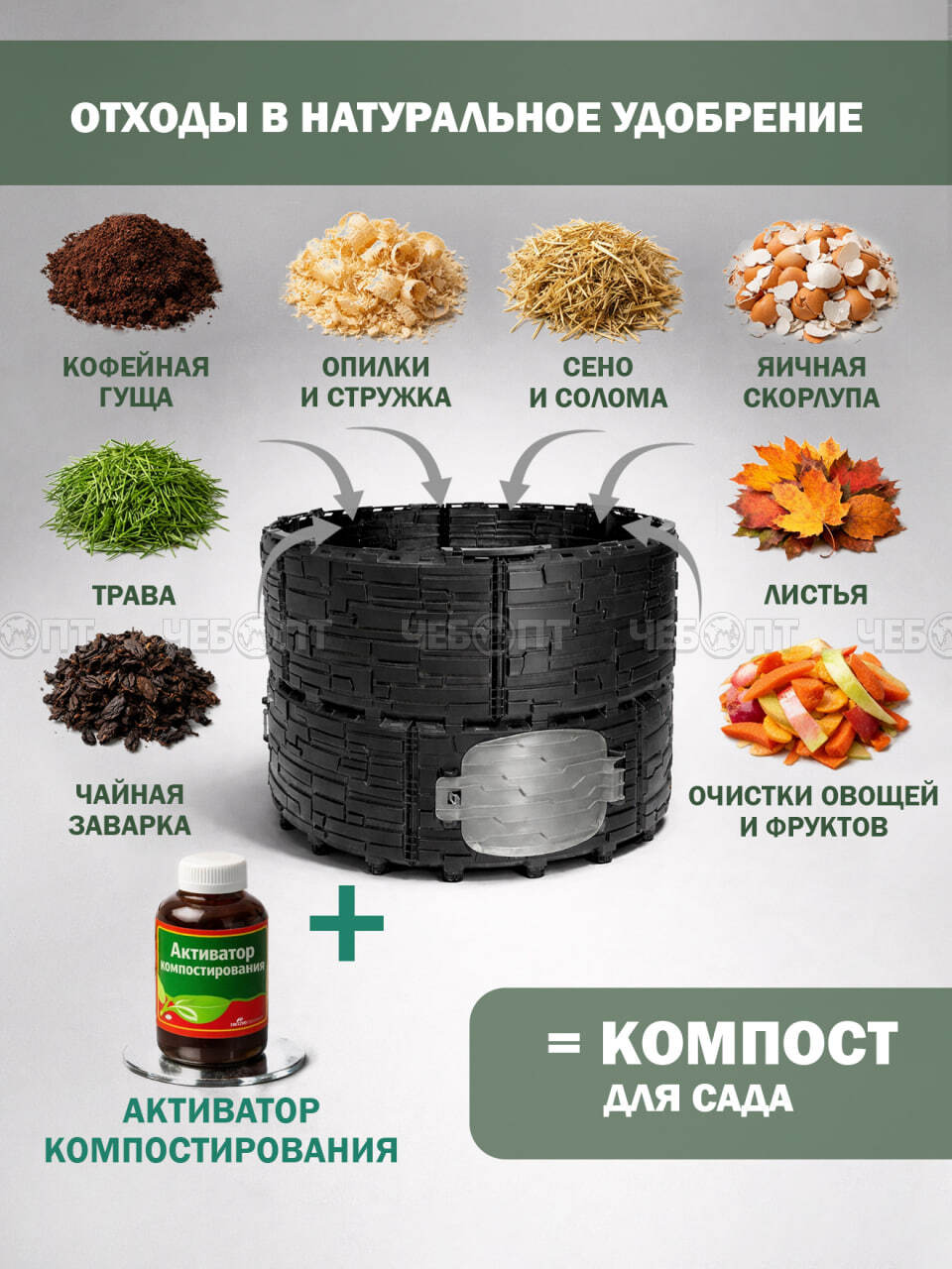 Компостер садовый БАСТИОН усиленный, черный (дверка серая) БЕЗ КРЫШИ 810 л арт. 6201469 [1]. ЧЕБОПТ.