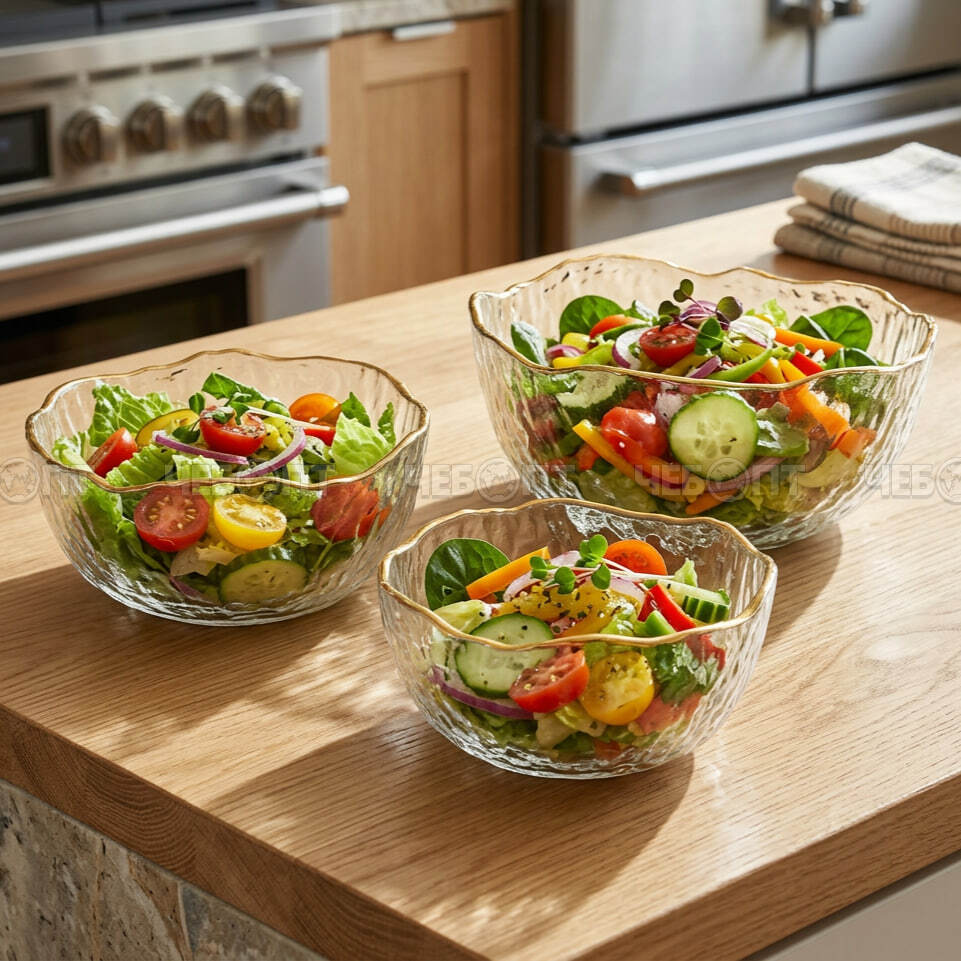 Салатник стеклянный в наборе 3 шт (1450мл, 700 мл,380 мл) KARAEL, золотой каймой, в подарочной упаковке арт. 300780 $ [20] GOODSEE. ЧЕБОПТ.