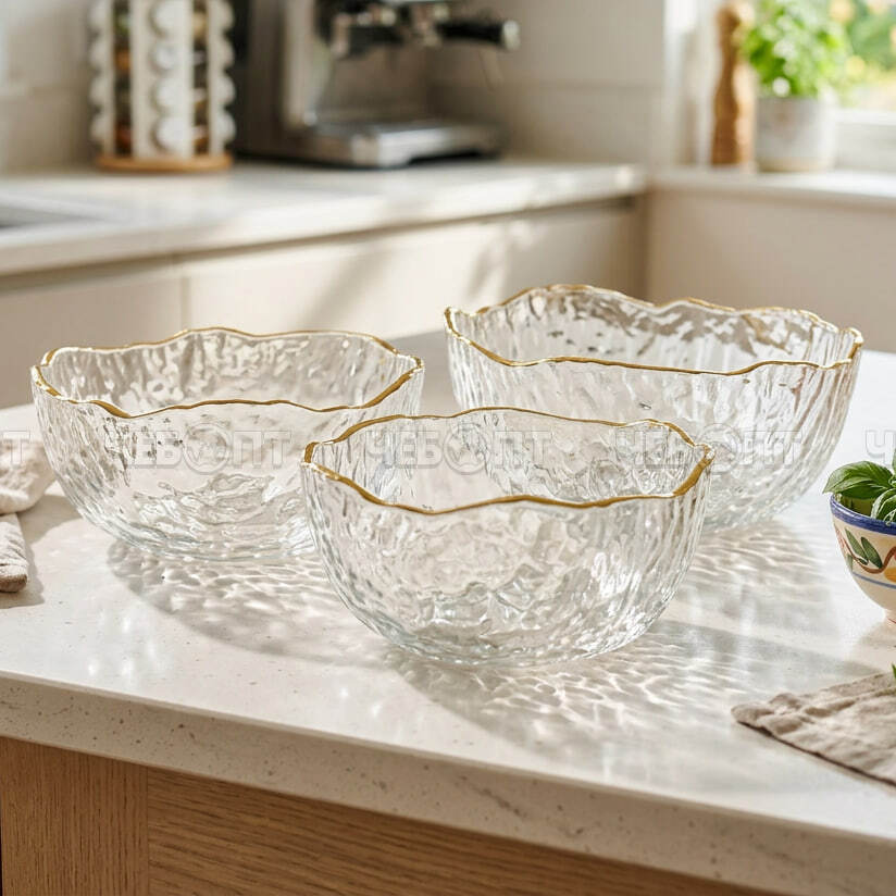 Салатник стеклянный в наборе 3 шт (1450мл, 700 мл,380 мл) KARAEL, золотой каймой, в подарочной упаковке арт. 300780 $ [20] GOODSEE. ЧЕБОПТ.