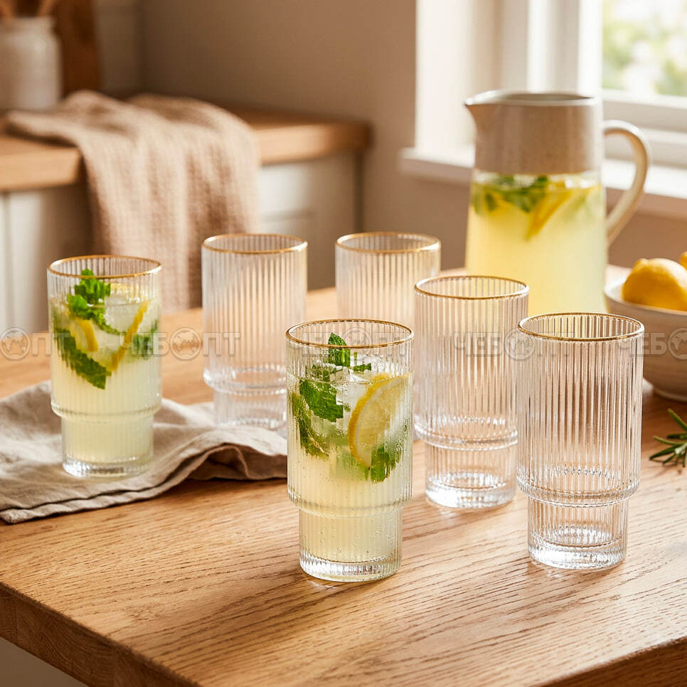 Набор стаканов 6 шт 330 мл, PINTEREST стеклянные, высокие, золотой каймой арт. 300784 $ [12] GOODSEE. ЧЕБОПТ.