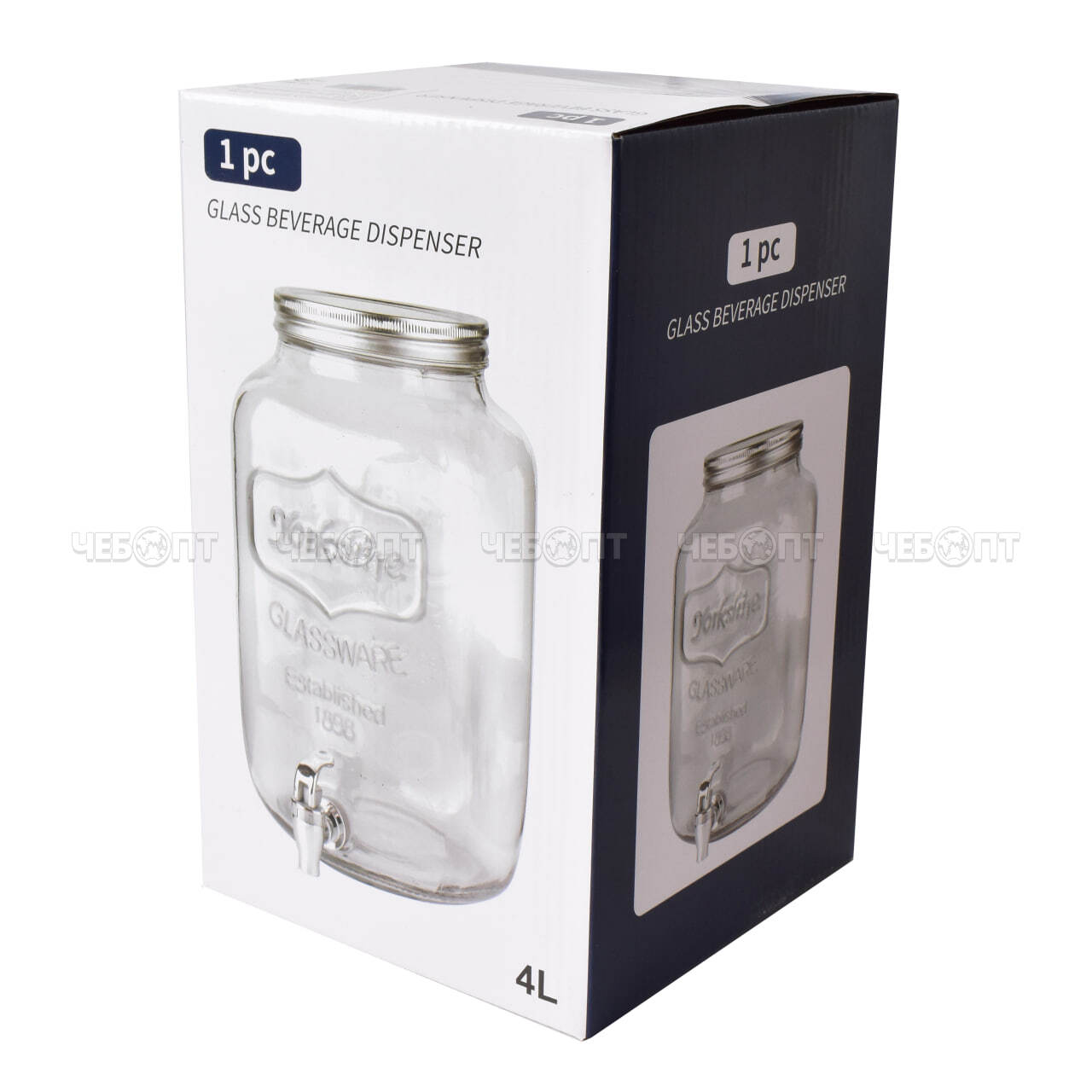 Лимонадница с краном (диспенсер) 4 л для напитков без подставки, стеклянная, прозрачная арт. 300811 $ [8] GOODSEE. ЧЕБОПТ.