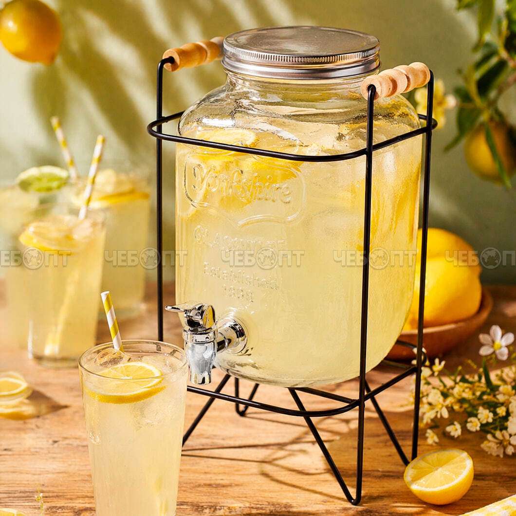 Лимонадница с краном (диспенсер) 4 л для напитков на металлической подставке, стеклянная, прозрачная арт. 300812 $ [6] GOODSEE. ЧЕБОПТ.