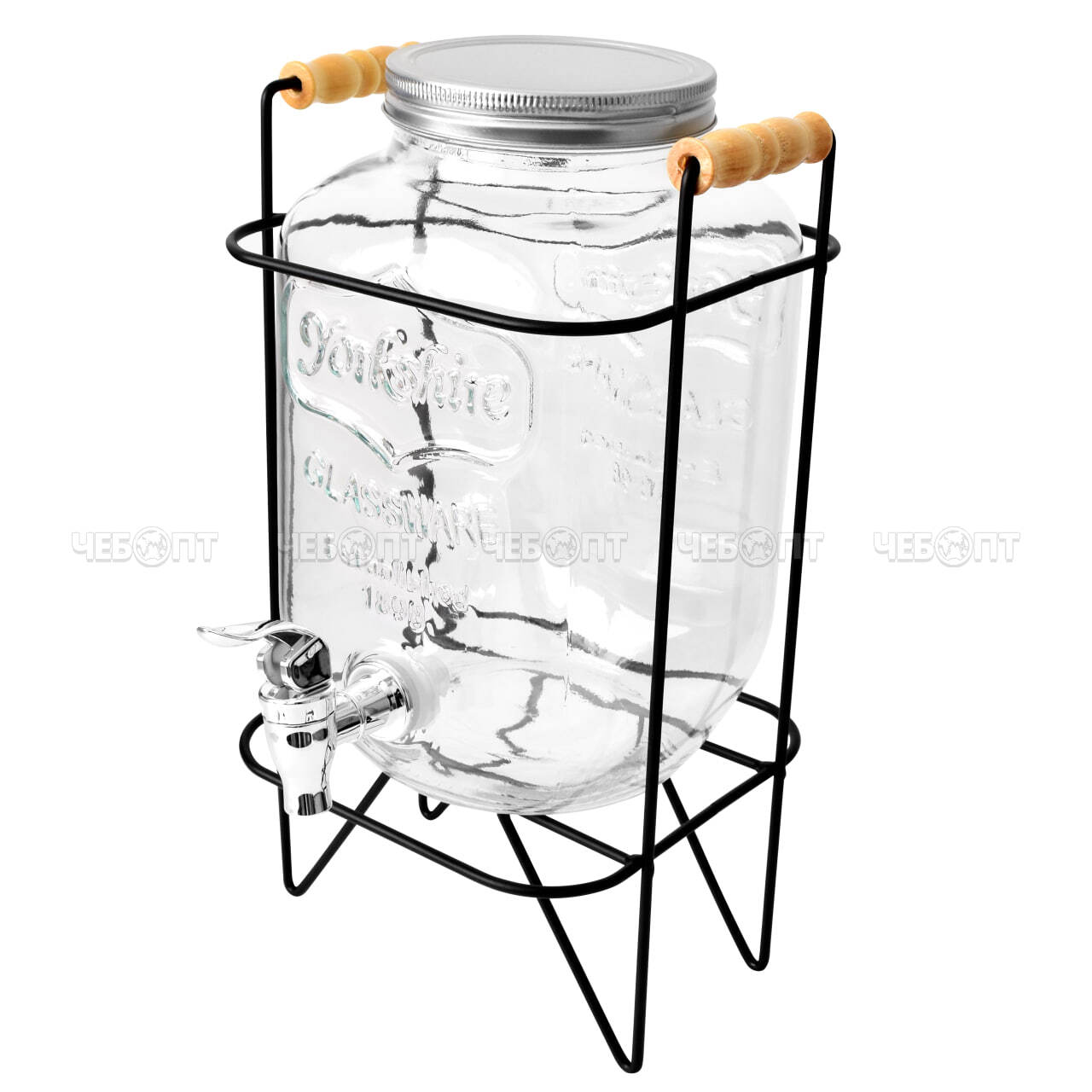 Лимонадница с краном (диспенсер) 4 л для напитков на металлической подставке, стеклянная, прозрачная арт. 300812 $ [6] GOODSEE. ЧЕБОПТ.