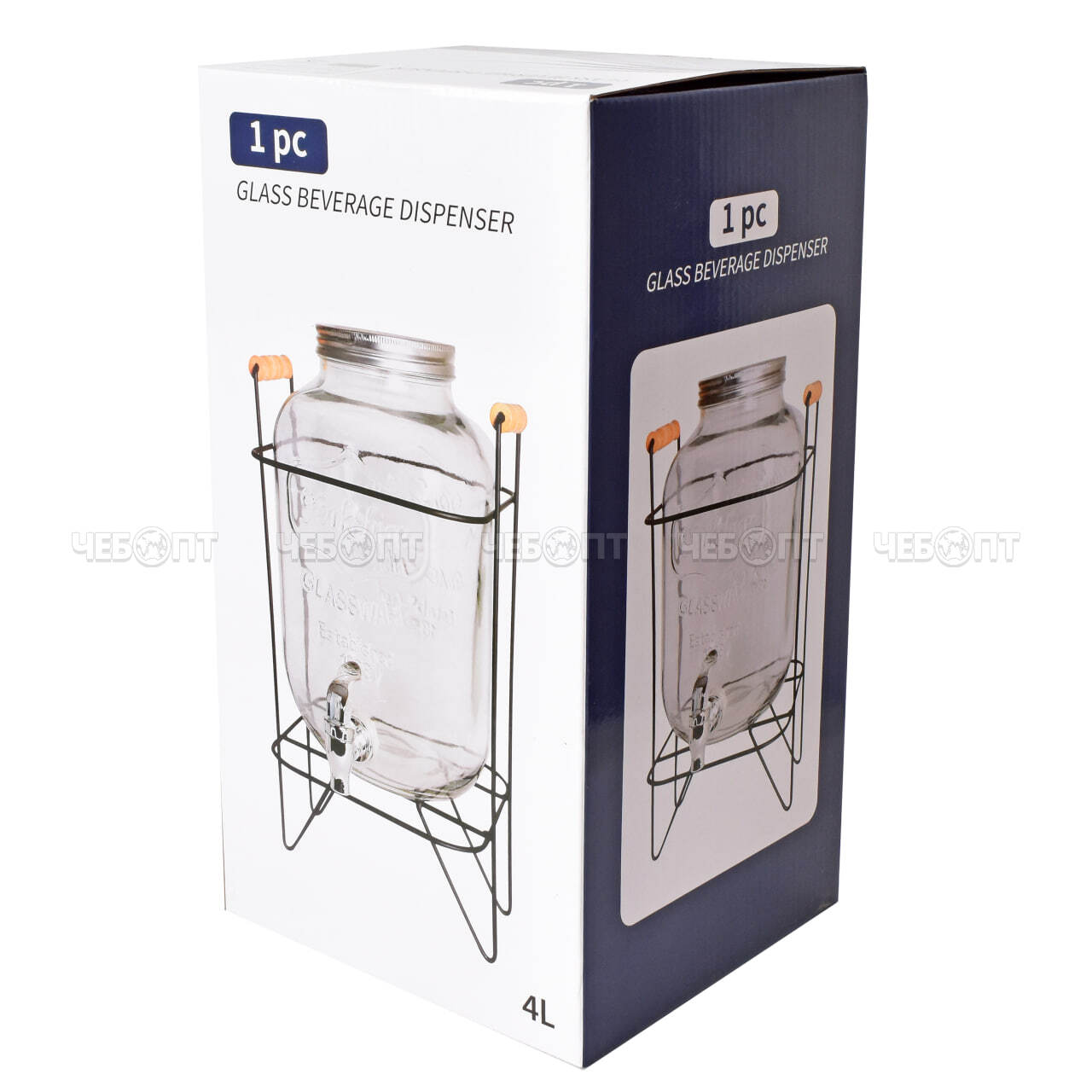 Лимонадница с краном (диспенсер) 4 л для напитков на металлической подставке, стеклянная, прозрачная арт. 300812 $ [6] GOODSEE. ЧЕБОПТ.